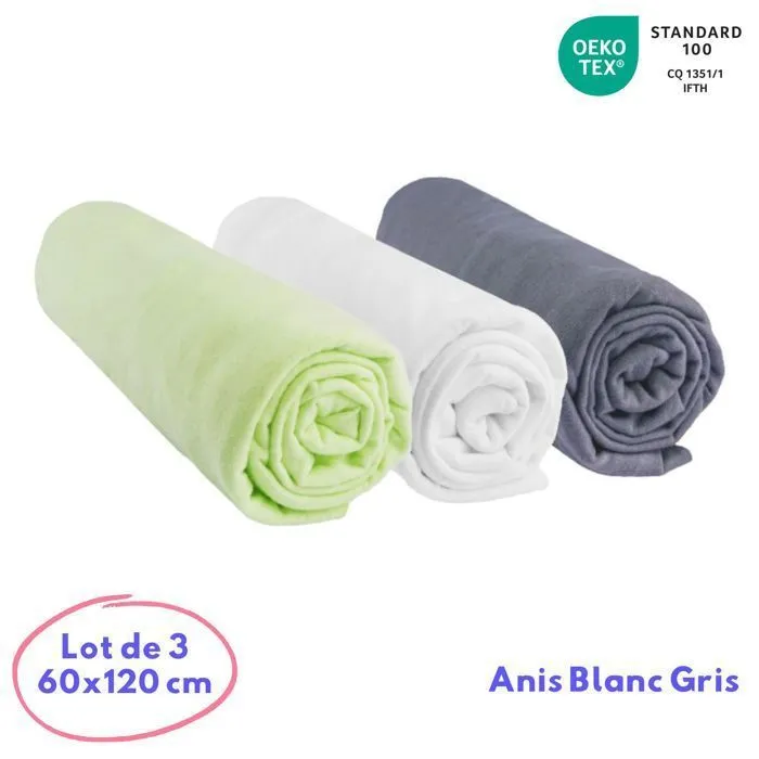 Lot de 3 Draps housse 60x120 cm -  Coton -  Anis, Blanc, Gris-0