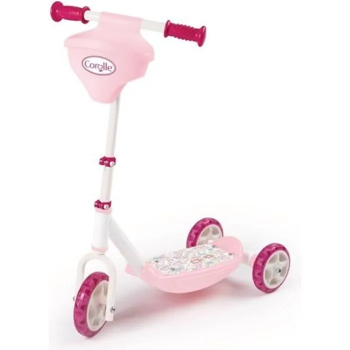 SMOBY - Corolle - Patinette 3 roues silencieuses - Strucure métale - Petite trottinette avec guidon réglable et porte poupon-0