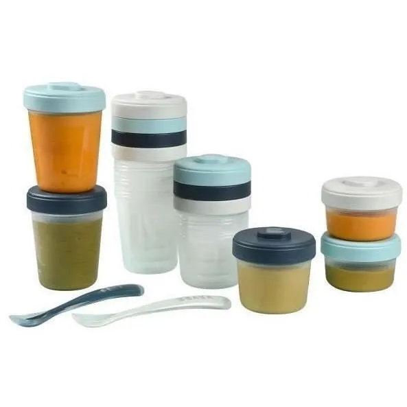 BÉABA - Lot 12 Portions Conservation et 2 Cuillères Silicone - Pack 1er Repas - Storm-0