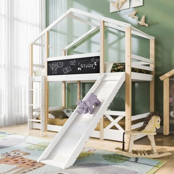 DRIPEX Lit Superposé Enfant 90x200cm avec toboggan,tableau noir et échelle,Lit cabane 2x sommier à lattes,Lit mezzanine Blanc,H205cm-2