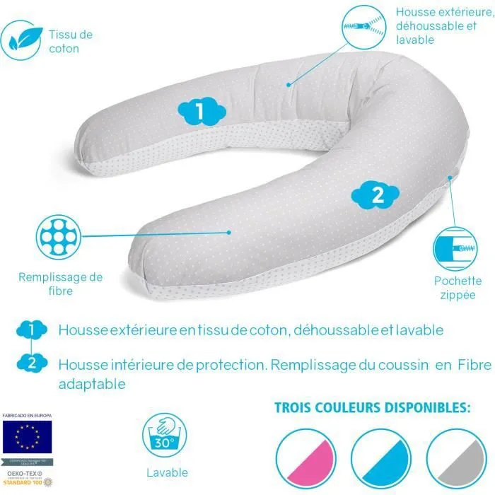 Coussin de maternité et d'allaitement Bebe évolutif GRIS 160 CM - Déhoussable avec remplissage mircrofibres-2