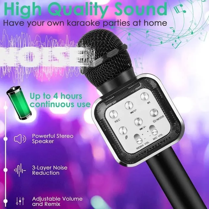 PIMPIMSKY Microphone Karaoke Sans Fil, Karaoké Microphone Bluetooth Portable, Compatible avec Android/IOS/PC/Smartphone (noir)-2