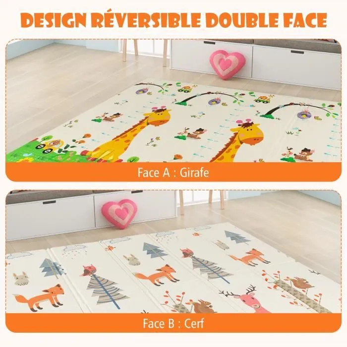 COSTWAY Tapis de Jeu Pliable pour Bébé 200 x 180 cm-Double Face Réversible-Sac de Transport-Doublure XPE Imperméable sans BPA-Cerf-2