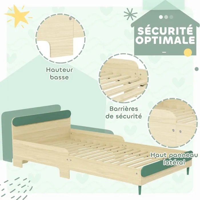 Lit pour enfant - AIYAPLAY - 3 à 10 ans - barrière de sécurité, sommier à lattes inclus - 195 x 103 x 60,5 cm - vert-5