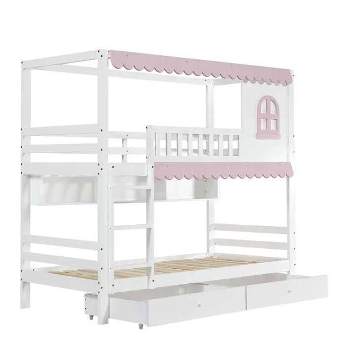 Lit superposé - Enfant - 90x200cm - Blanc + Rose - 2 tiroirs - Étagère ouverte-4
