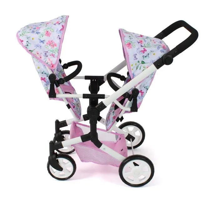 Bayer chic - 690-53 - 2000 - Poussette de poupee Linus Duo, Landau jumeau pour Enfants de 4 a 8 Ans, Fleurs, Rose-1