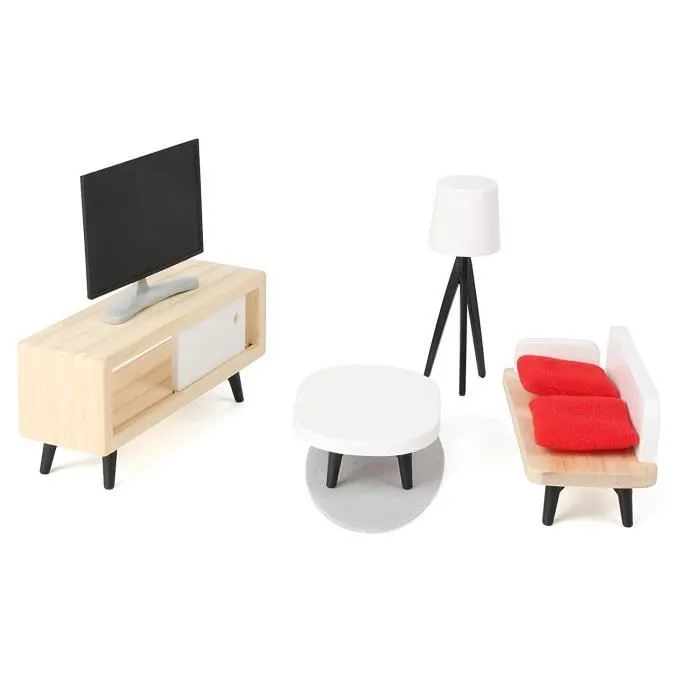 Small Foot- Set Complet de Meubles de Maison de poupée, en Bois, séjour, Cuisine,Chambre et Salle de Bains,à partir de 3 Ans 2451-2