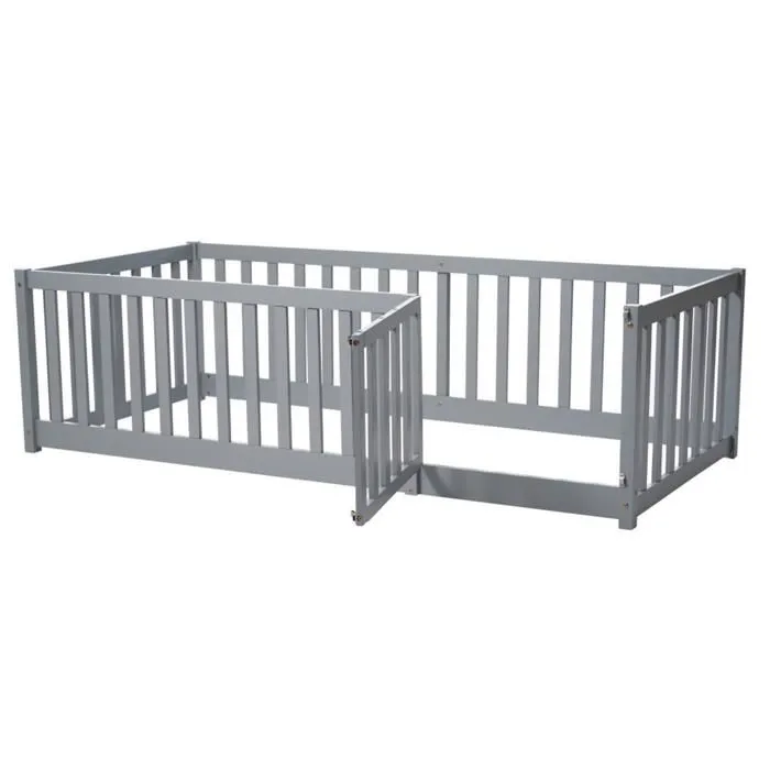 Lit d'enfant - Non spécifié - 90 x 200 cm - Bois massif - Gris - Barrière avec porte-2