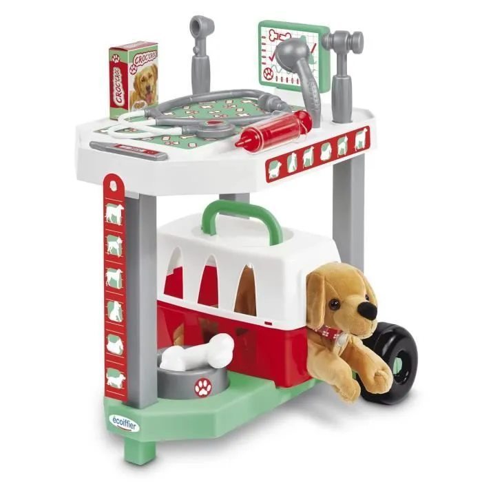 Jouet pour enfant - Clinique vétérinaire - Table d'examen roulante avec accessoires pour chien en peluche-1