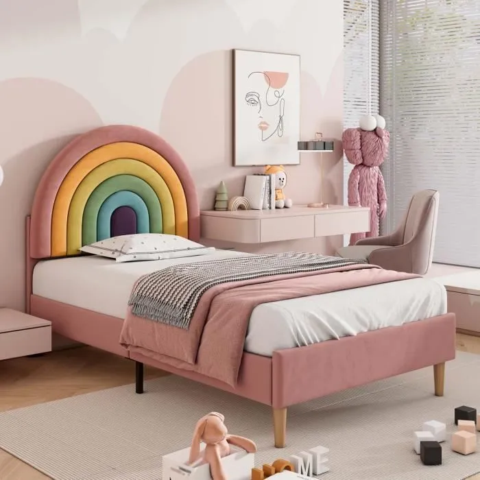 Lit enfant 90x200 cm en forme de l’arc-en-ciel, sommier à lattes, tête de lit réglable, tissu en velours, rose-0