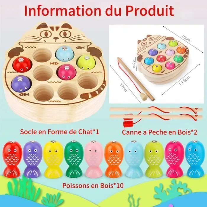 Jouet Enfant en Bois, 10 PACK Mini Jeu de Pêche Magnetique, Activite Enfant Cadeau pour 2 3 4 5 Ans-3