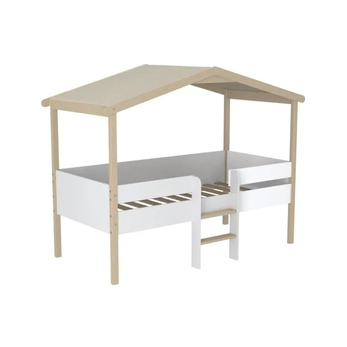 Lit cabane PILOTI 90x190 + 1sommier / Blanc et naturel-1
