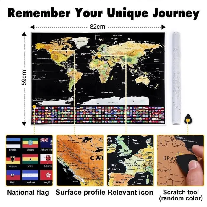 Carte du Monde à Gratter Voyage Affiche (82x59 cm), Scratch off World Map, Grattez les Endroits Que Vous Avez Visité, Décoration D'i-3