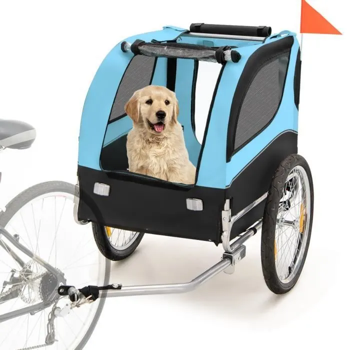 COSTWAY Remorque de Vélo pour Animaux de Compagnie jusqu'à 40 KG avec Roues de 50 cm et Toit Ouvrant pour Chiens/Chats, Bleu-0