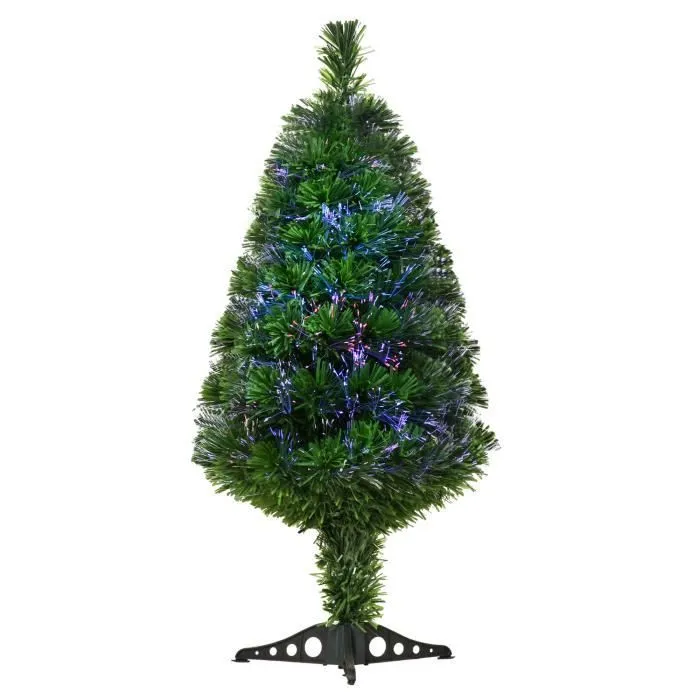 HOMCOM Sapin de Noël Artificiel Lumineux 90H cm Fibre Optique Multicolore + Support Pied 90 Branches Vert-0