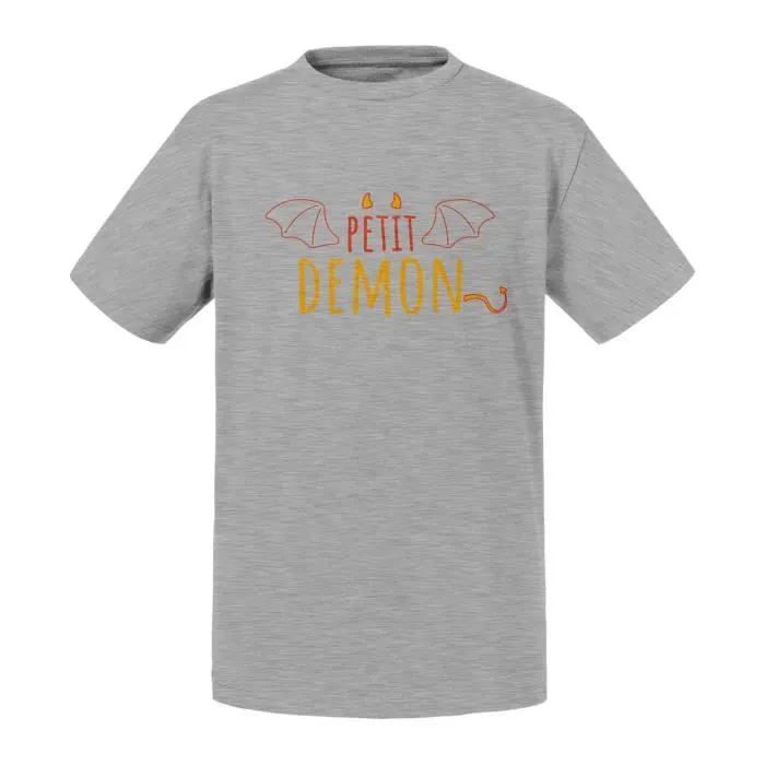 T-shirt Enfant Gris Petit Démon Mignon Dessin Original Diable-0