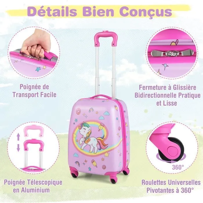 COSTWAY Valise Enfant à Roulettes 16’’ + Sac à dos 12’’, Ensemble de Bagage Enfants avec Motif Licorne, pour voyages en avion, Rose-1