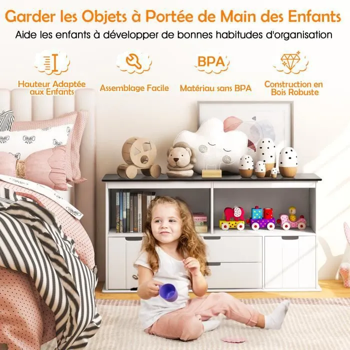 COSTWAY Coffre à Jouets pour Enfant avec Dessus de Tableau Noir, Compartiment Ouvert, 2 Tiroirs et 2 Bacs, pour Chambre d'Enfant-2