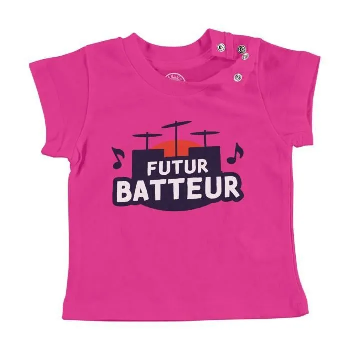 T-shirt Bébé Manche Courte Rose Futur Batteur Musicien Artiste Métier-0
