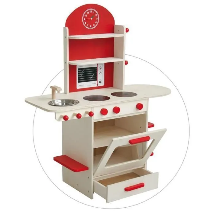 Cuisine Enfant en Bois ROBA - Naturel/Rouge - Jeu de rôle avec Four, Plaques de Cuisson, Évier et Robinet-3