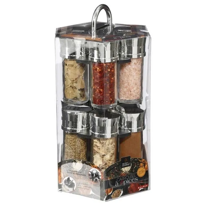 Présentoir Carrousel à épices et herbes aromatiques sur support rotatif et 12 pots en verre avec épices-1
