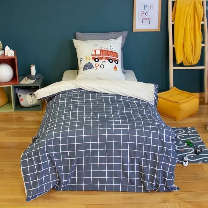 Parure de lit imprimée 140x200 cm Enfant réversible- Housse de Couette + 1 Taie d'oreiller Motif Pompier Bleu et Beige– Microfibre-1