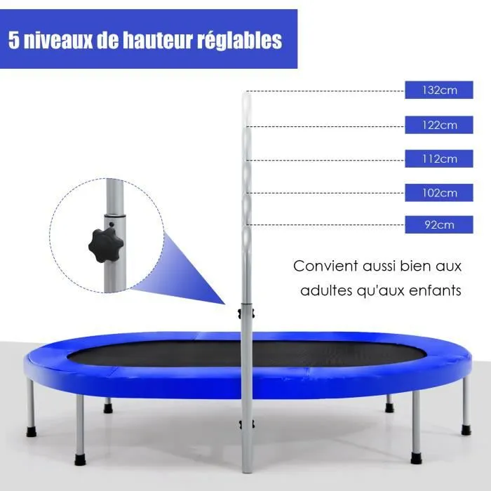 COSTWAY Trampoline Enfants Pliable Intérieur/Extérieur avec Main Courante Ajustable Coussin Tapis de Saut Charge 150kg Bleu-3