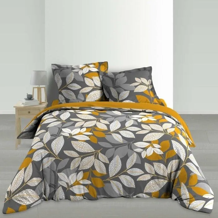 Housse de couette - Percale 78 fils - Feuilles jaunes blanches et grises - Gris 240 x 220-1