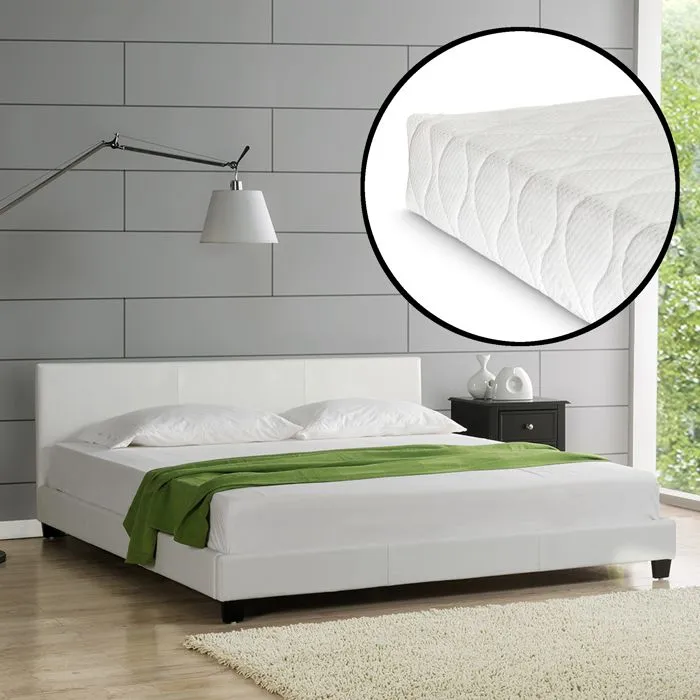 Lit Double Rembourré Albacete Similicuir avec Matelas 160 x 200 cm Blanc Corium-0