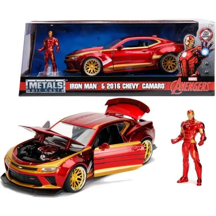 Miniature die-cast - JADA - Chevy Camaro SS 2016 - Rouge - Figurine Iron Man - 1:24-1