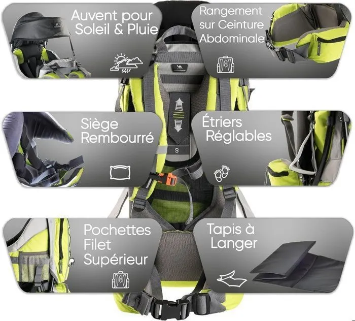 Bebeboutik DROMADER Porte Bebe Randonnee Confortable jusqu a 22kg Sac a Dos avec Poche Isolante Pare Soleil Pluie Vert