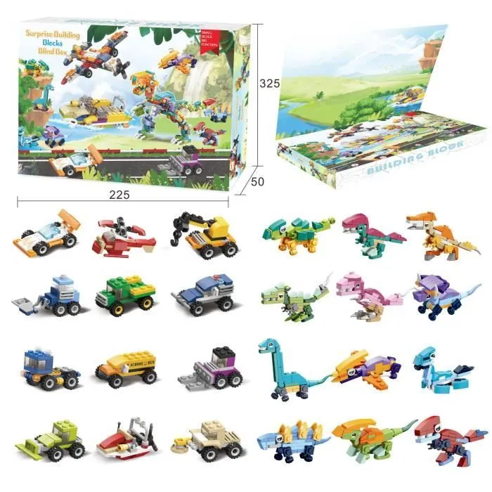 Calendrier de L'Avent Enfant Jeux de Construction,24 Jouets Animaux Dinosaure en Briques Jouets de Voiture Compte à rebours de Noël-3