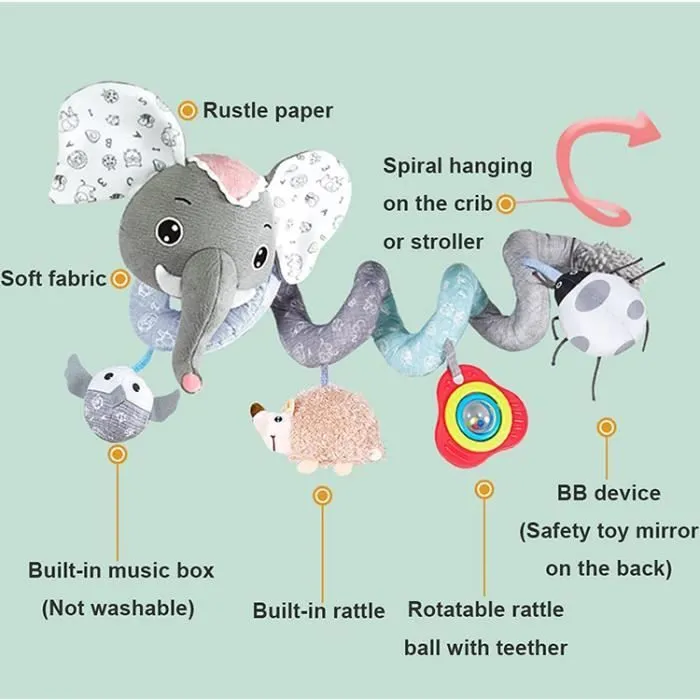 Spirale Jouets, Jouets pour bébés, Spirale d’activité avec Jouets à Suspendre à la Poussette pourjouets de poussette d'éléphant gris-1