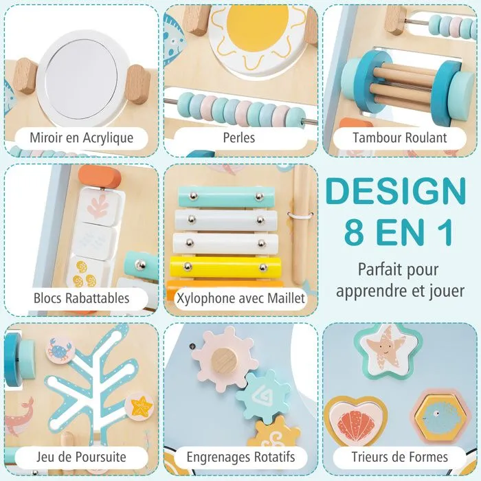 COSTWAY Trotteur Chariot de Marche sur Thème Océan 8 en 1 avec Miroir & Perles & Tambour, Roues, 1an+, Jouet Montessori, Bleu-1