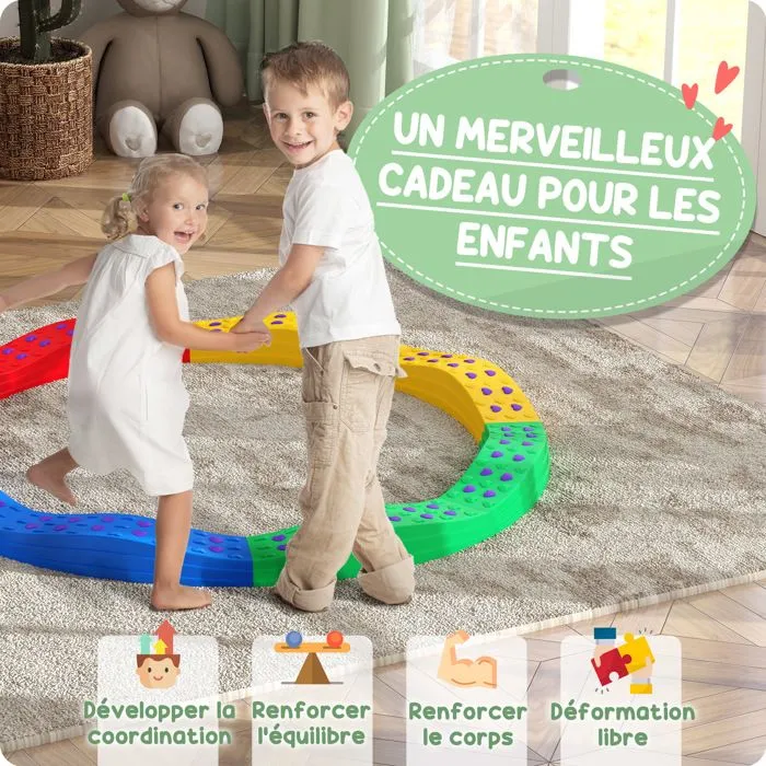 Poutre d'équilibre pour enfants 3-8 ans AIYAPLAY 8 pierres de pas ondulées avec surface exturée antidérapante et tapis de fond-4