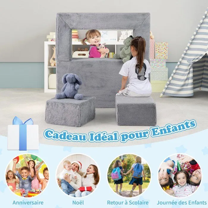 COSTWAY Canapé Modulaire pour Enfants 3 Pièces Convertible en Mousse, Canapé-lit Pliable pour Chambre, Salon, 100 x 52 x 42cm, Gris-4