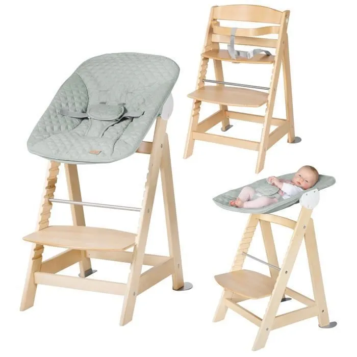 ROBA Chaise Haute Évolutive Born Up 2 en 1 + Transat Inclinable Vert Givré - roba Style - Dès la Naissance - Bois Naturel-0