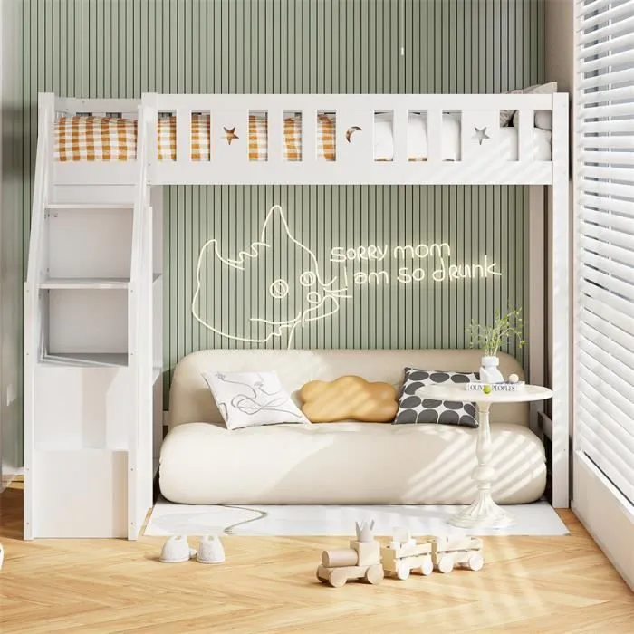 Lit mezzanine - DREAMMESPACE - 90x200 cm - Bois massif - Blanc - Échelle avec tiroirs de rangement-1