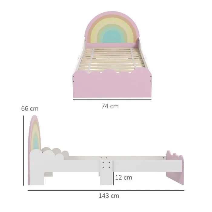 Lit enfant design girly motifs arc en ciel, nuages - sommier à lattes inclus - MDF contreplaqué rose blanc-3