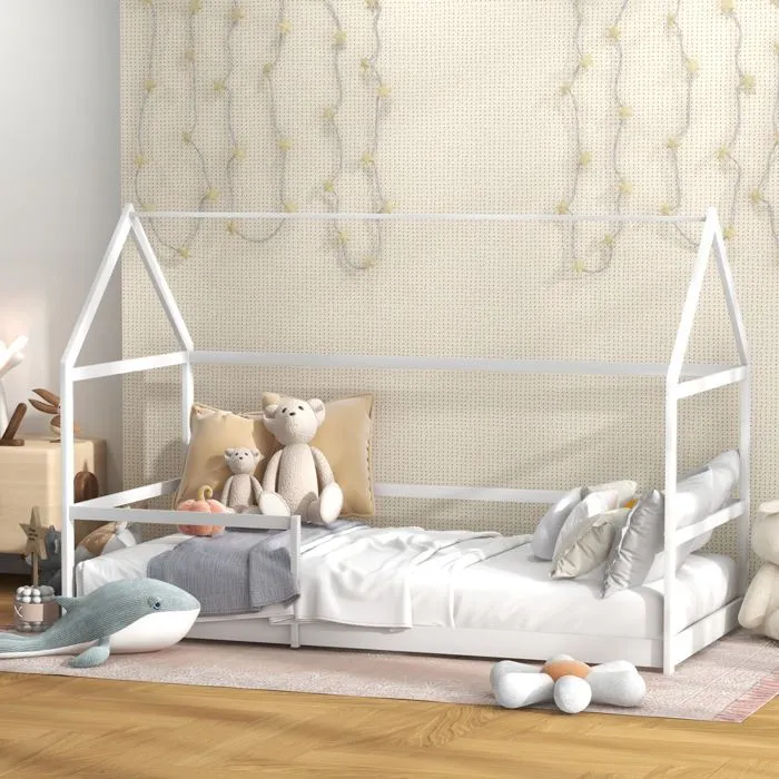 Lit cabane enfants 90x190 cm AIYAPLAY lit enfants lit maison enfant avec protection antichute, sommier à lattes et toit blanc-0