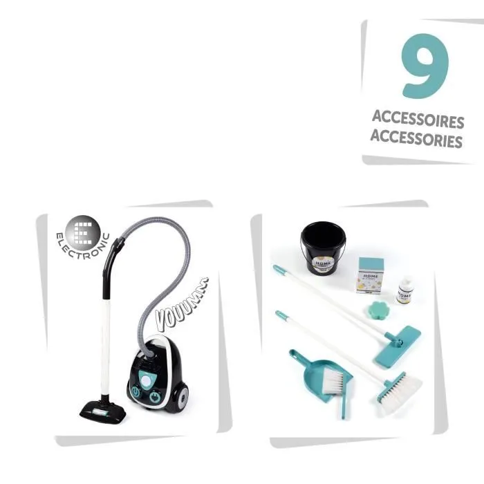 SMOBY - Chariot de ménage + aspirateur électronique avec bruit d'aspiration - 9 Accessoires - Piles Incluses - dès 3 ans-5