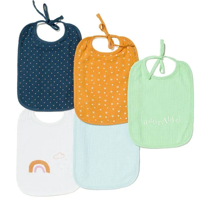 MAÏKA Lot de 5 bavoirs 2ème âge, dodublure éponge, bleu vert d'eau jaune gold écru-0