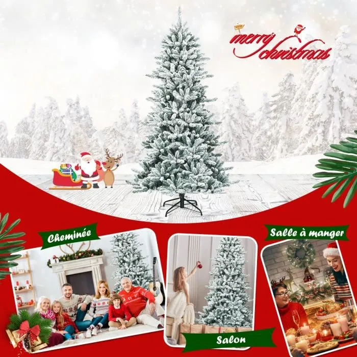 COSTWAY Sapin de Noël Artificiel Flocons de Neige 210cm avec 1108 Pointes Support Métallique Pliable Pomme de Pin Décoration de Fête-3