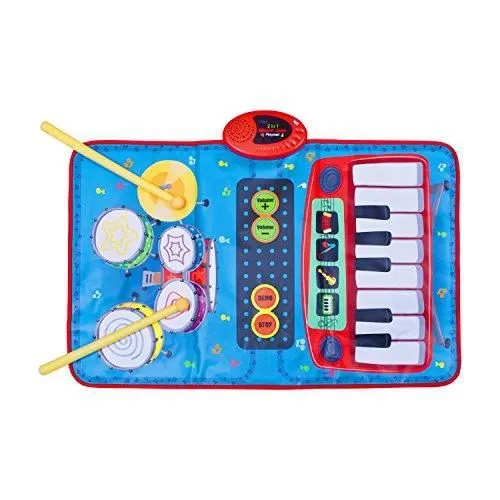 Tapis de Jeu Clavier et kit de Batterie - Global Gizmos - Twin 2 en 1 - Multicolore - Bleu - 2 bâtons de tambour-0