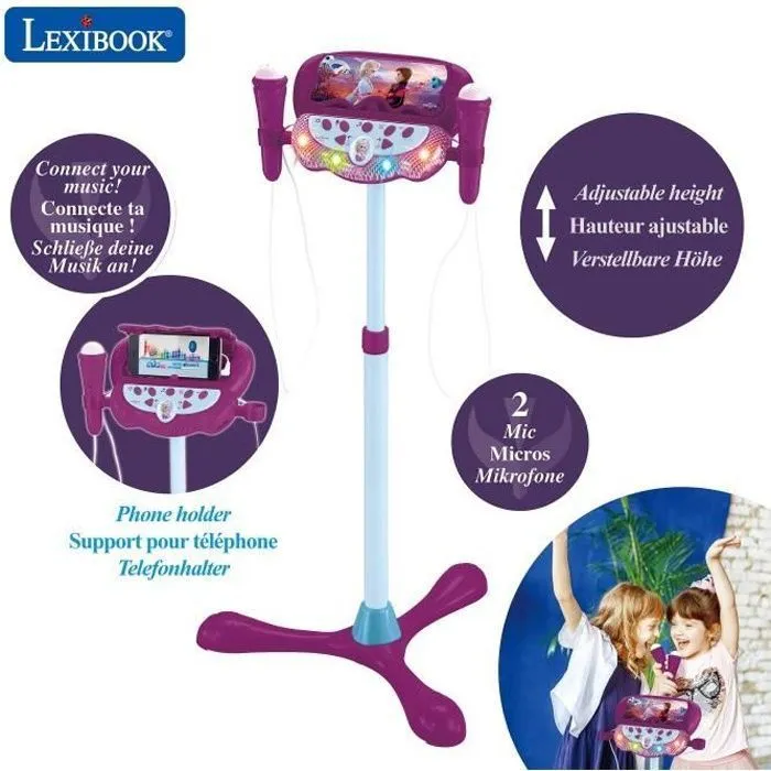 Microphone La Reine des Neiges sur pied ajustable lumineux avec enceinte, 2 Micros et Effets vocaux, Enceinte Bluetooth-2