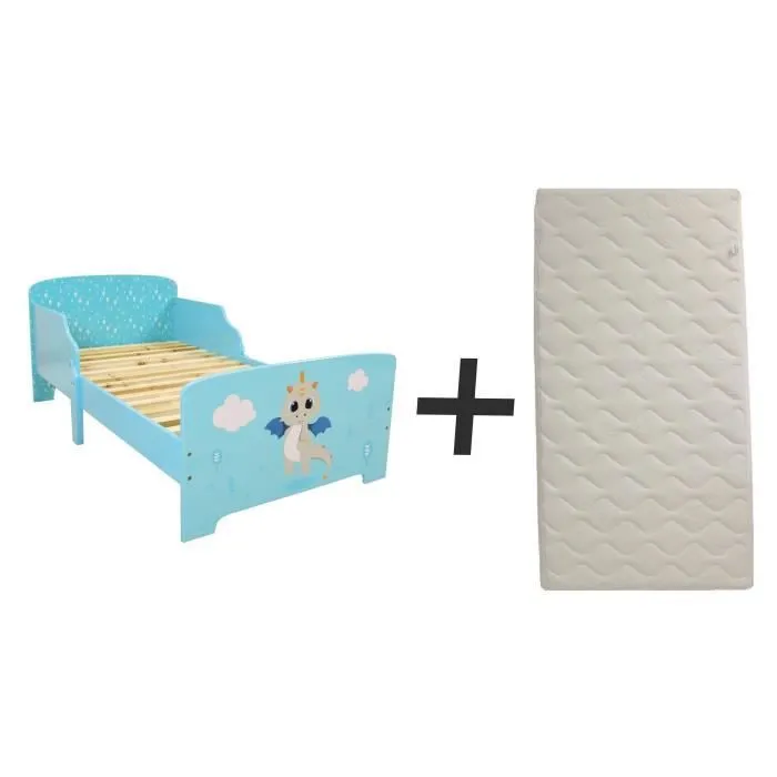 FUN HOUSE Lit Léon le dragon 140 x 70 cm - SOMMIER ET MATELAS CLIMATISE (FACE ETE / HIVER) INCLUS-0