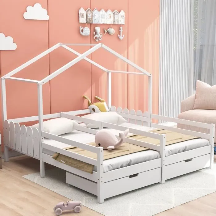 Lit cabane enfant 200x90cm, lit double avec 2 tiroirs en MDF, tiroirs sur roulettes, sommier à lattes en pin, blanc-0