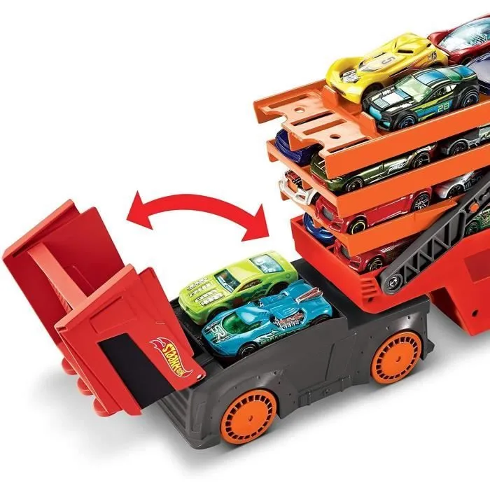 Transporteur de voitures miniatures - HOT WHEELS - Méga Transporteur - 6 étages - Interconnexion pistes oranges-1