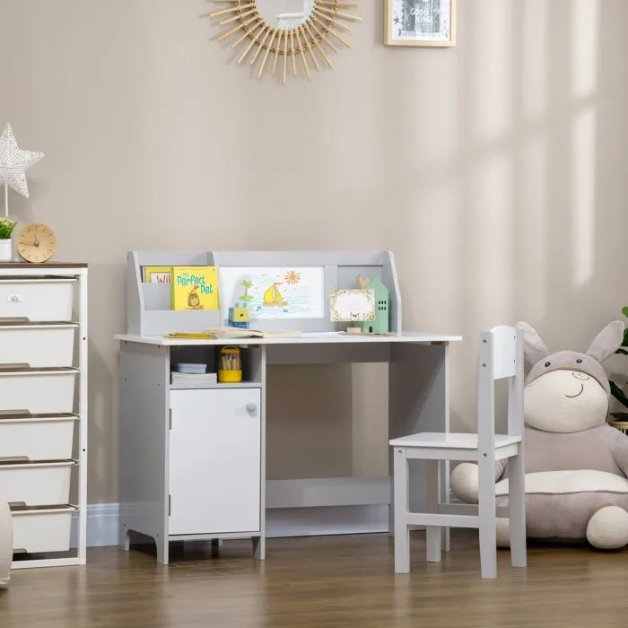 Ensemble table et chaise pour enfant - HOMCOM - avec tableau blanc - bureau pour enfant +5 ans 90L x 45l x 85H cm Gris-2