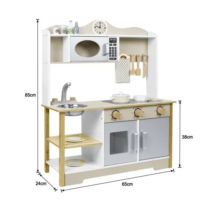 XMTECH Cuisine Enfant en bois, 65x24x85cm Ensemble de Cuisine Enfant Jeu d'imitation avec Accessoires, Jeu De Cuisine Creative-1